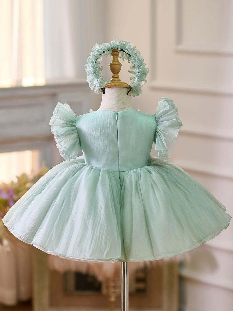 Jill Blue/Green Baby Puffy Sleeve Adorable Girl Dress with Flowers J035