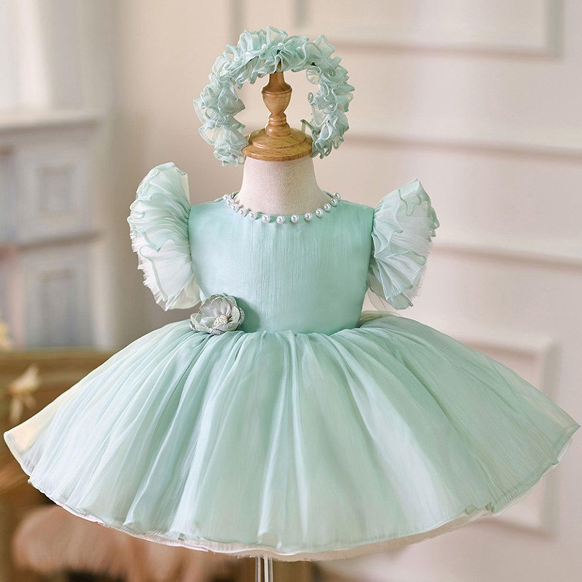 Jill Blue/Green Baby Puffy Sleeve Adorable Girl Dress with Flowers J035