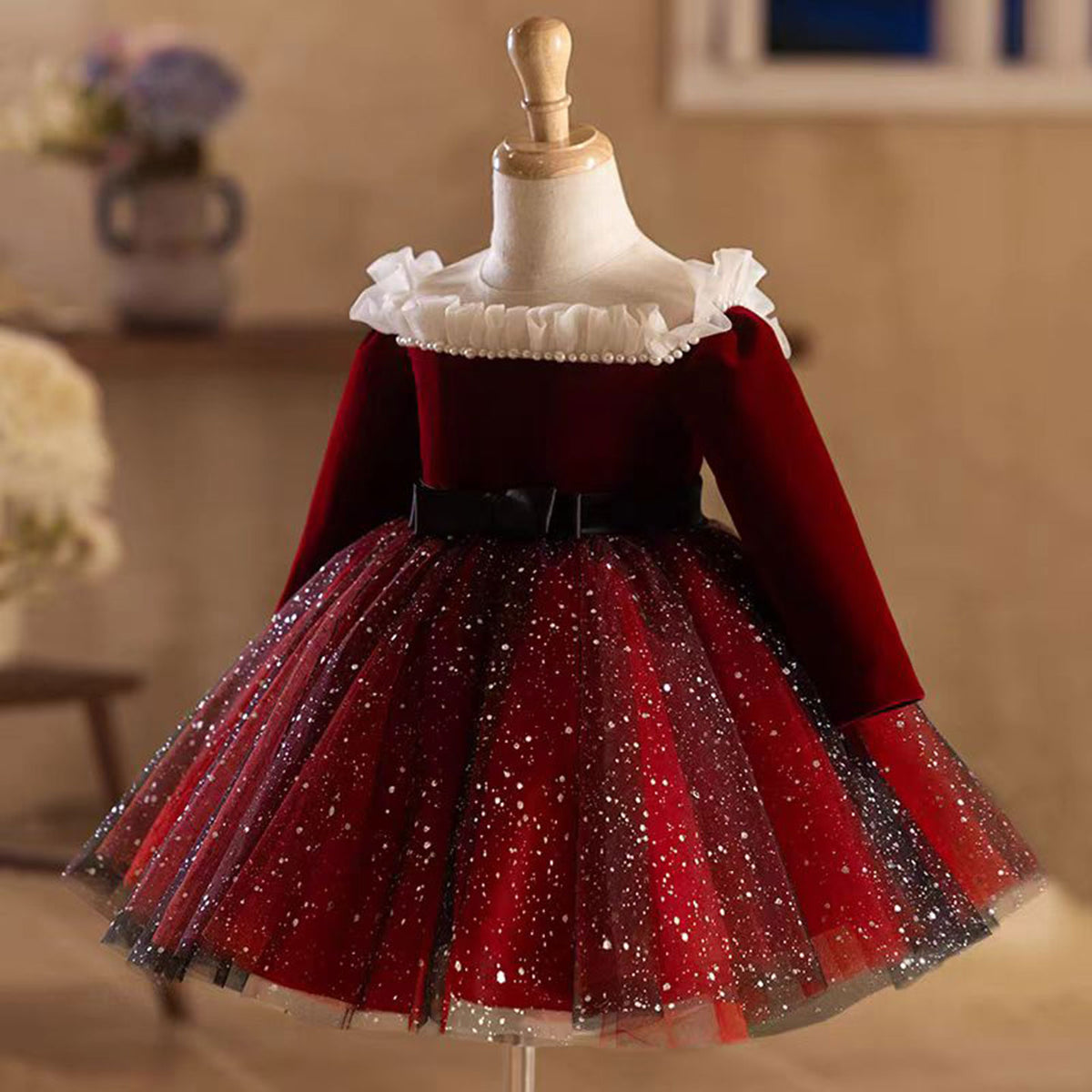 Jill Burgundy Flower Girl Dress Scalloped for Princess Kids 1st Birthday Party J478
