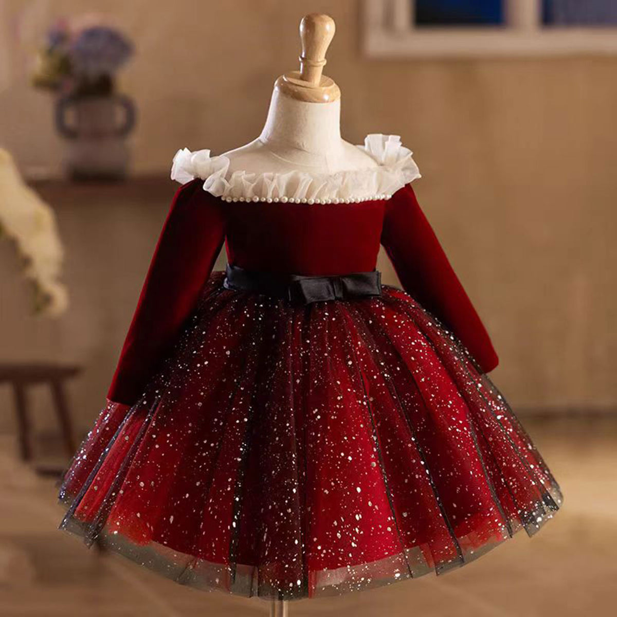 Jill Burgundy Flower Girl Dress Scalloped for Princess Kids 1st Birthday Party J478