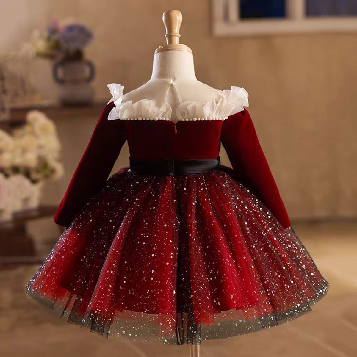 Jill Burgundy Flower Girl Dress Scalloped for Princess Kids 1st Birthday Party J478