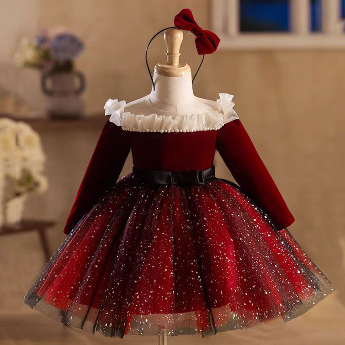 Jill Burgundy Flower Girl Dress Scalloped for Princess Kids 1st Birthday Party J478