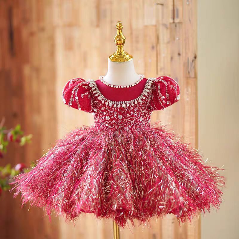 Jill Burgundy Girl Dress Long Sleeve Toddler Kids 1st Birthday Gown J446