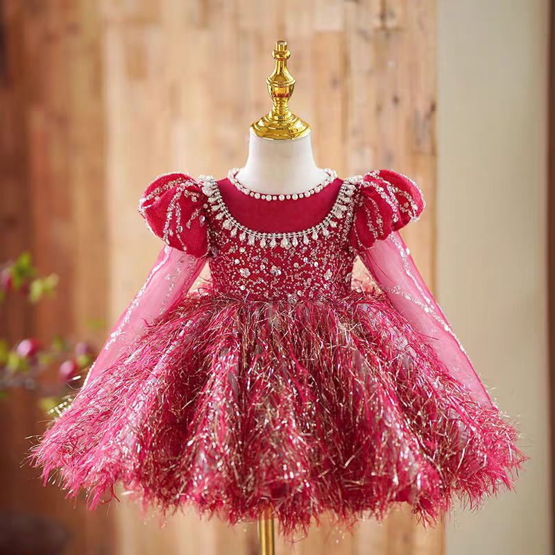Burgundy Girl Dress Long Sleeve Toddler Kids 1st Birthday Gown J446
