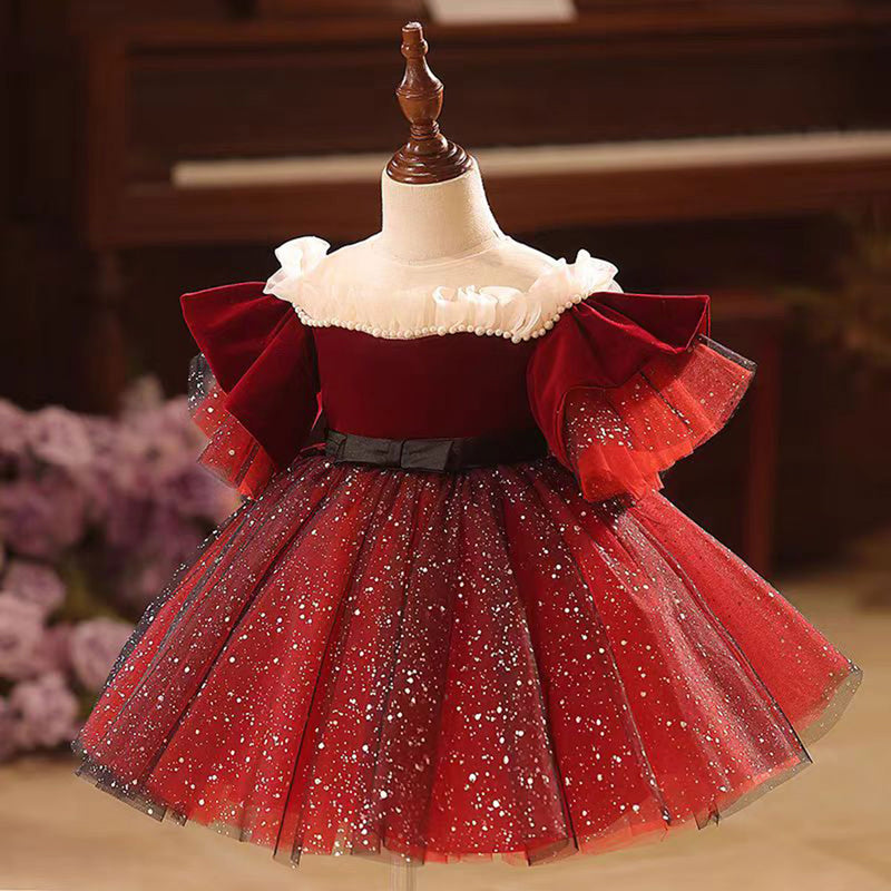 Jill Burgundy Luxury Girl Dress Tulle for Kids Birthday Party Ball Gown J492