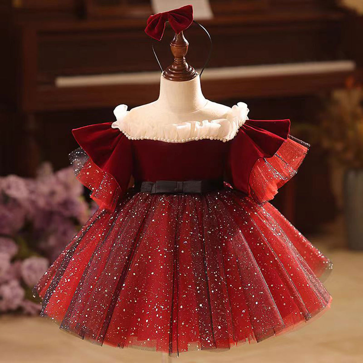 Jill Burgundy Luxury Girl Dress Tulle for Kids Birthday Party Ball Gown J492