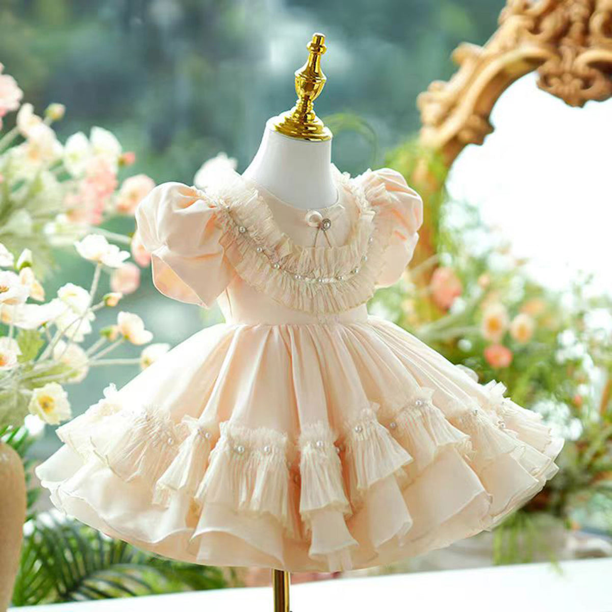 Jill Champagne Tulle Girl Dress Lace Toddler Kids 1st Birthday Gown J456