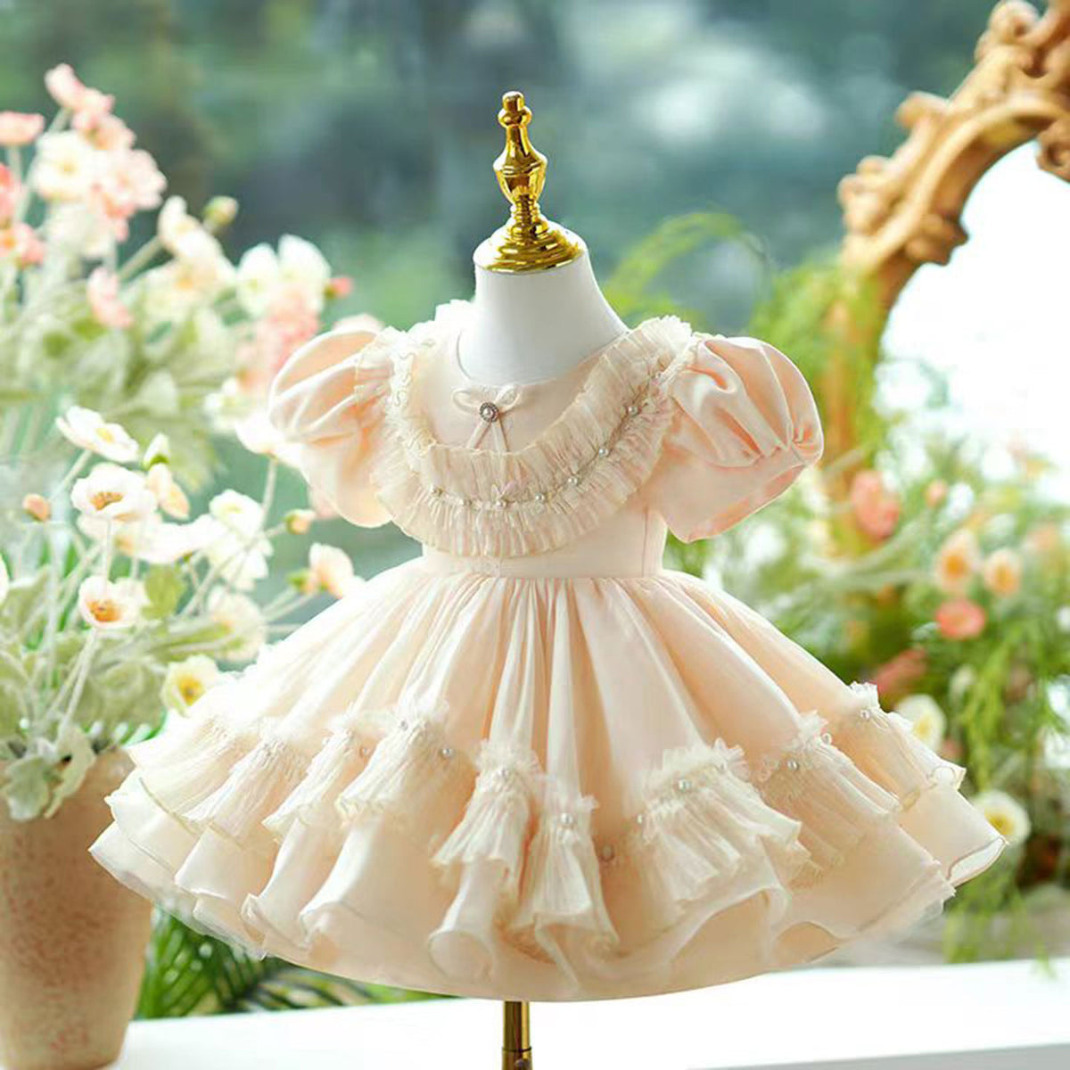 Jill Champagne Tulle Girl Dress Lace Toddler Kids 1st Birthday Gown J456