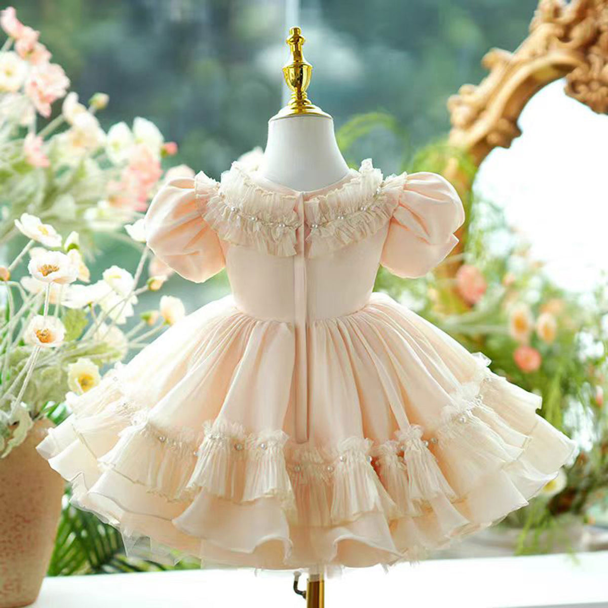 Jill Champagne Tulle Girl Dress Lace Toddler Kids 1st Birthday Gown J456