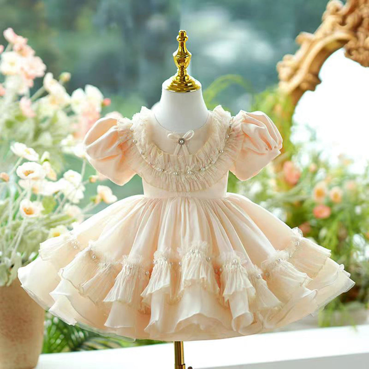 Jill Champagne Tulle Girl Dress Lace Toddler Kids 1st Birthday Gown J456