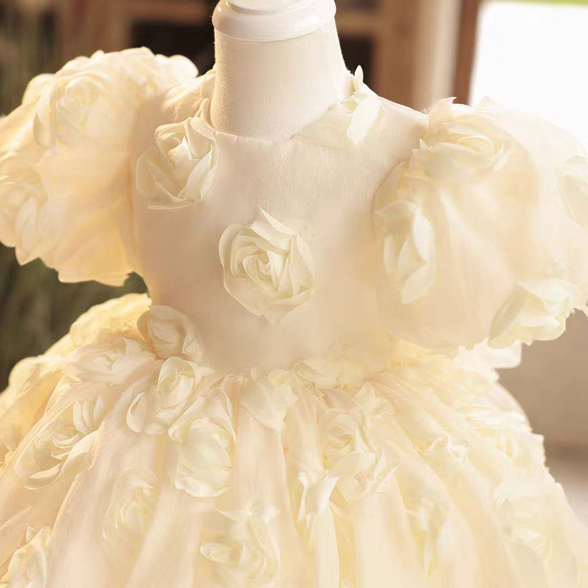 Jill Champagne Tulle Girl Dress with 3D Flowers Toddler Kids 1st Birthday Gown J769