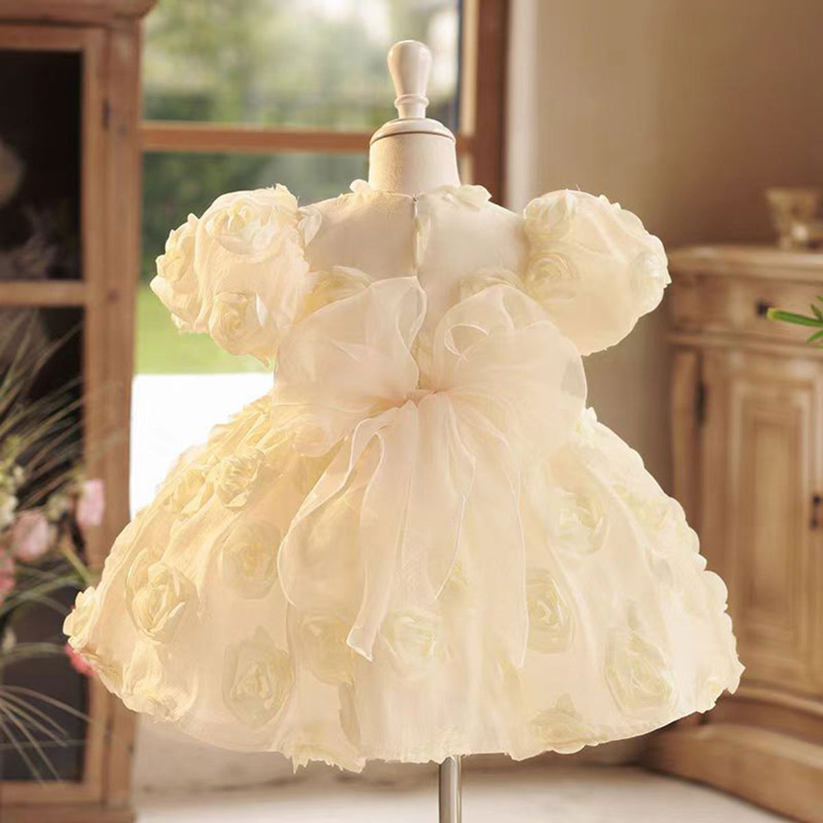 Jill Champagne Tulle Girl Dress with 3D Flowers Toddler Kids 1st Birthday Gown J769