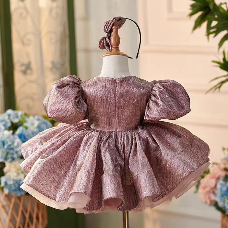Jill Dusty Pink Lace Knee Length 1st Birthday Girl Dress with Sleeve J312