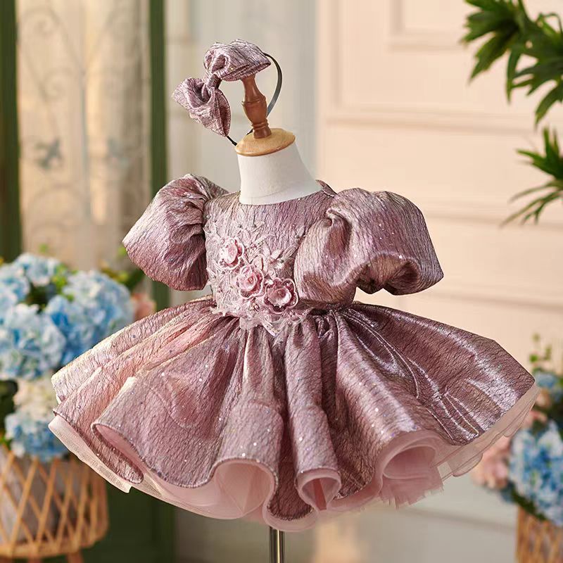 Jill Dusty Pink Lace Knee Length 1st Birthday Girl Dress with Sleeve J312