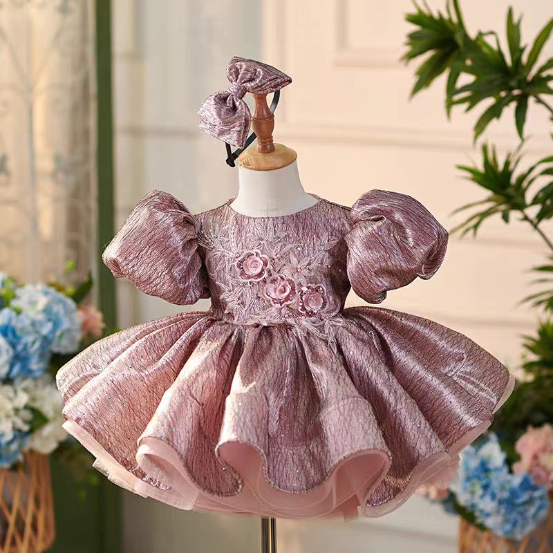 Jill Dusty Pink Lace Knee Length 1st Birthday Girl Dress with Sleeve J312