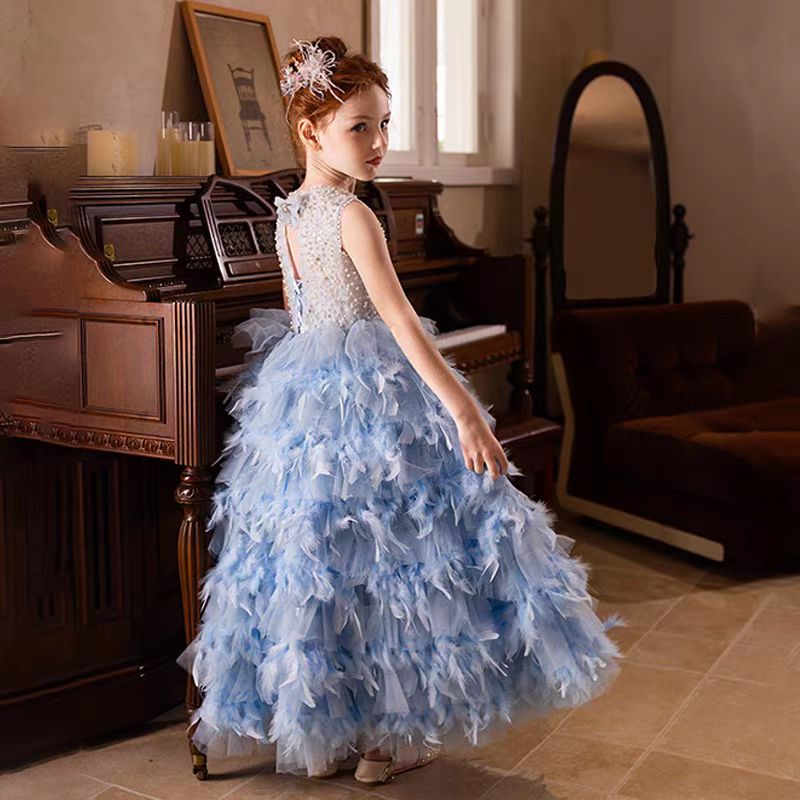 Jill Elegant Blue Feathers Girl Dress Pearls Princess Gown J299