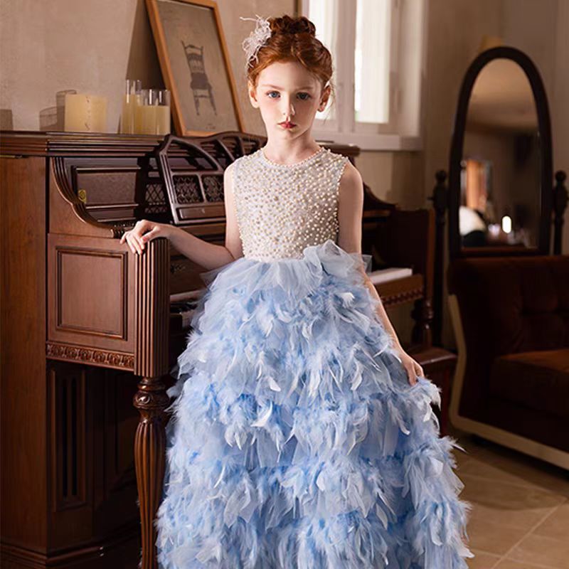 Jill Elegant Blue Feathers Girl Dress Pearls Princess Gown J299