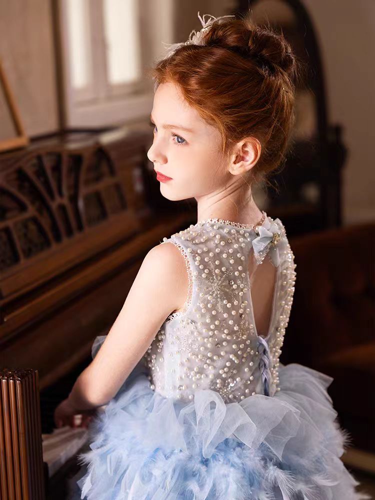 Jill Elegant Blue Feathers Girl Dress Pearls Princess Gown J299