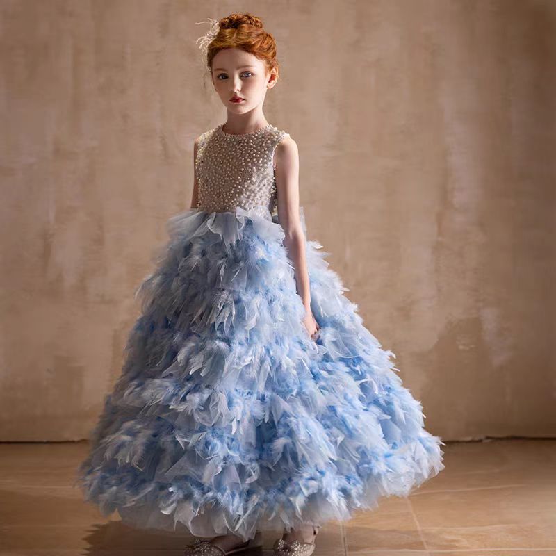 Jill Elegant Blue Feathers Girl Dress Pearls Princess Gown J299
