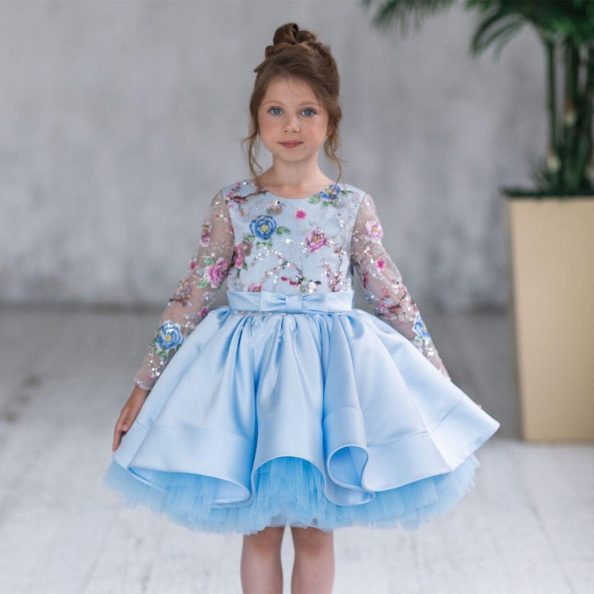 Jill Elegant Blue Girl Bridesmaides Dress Full Sleeve J179
