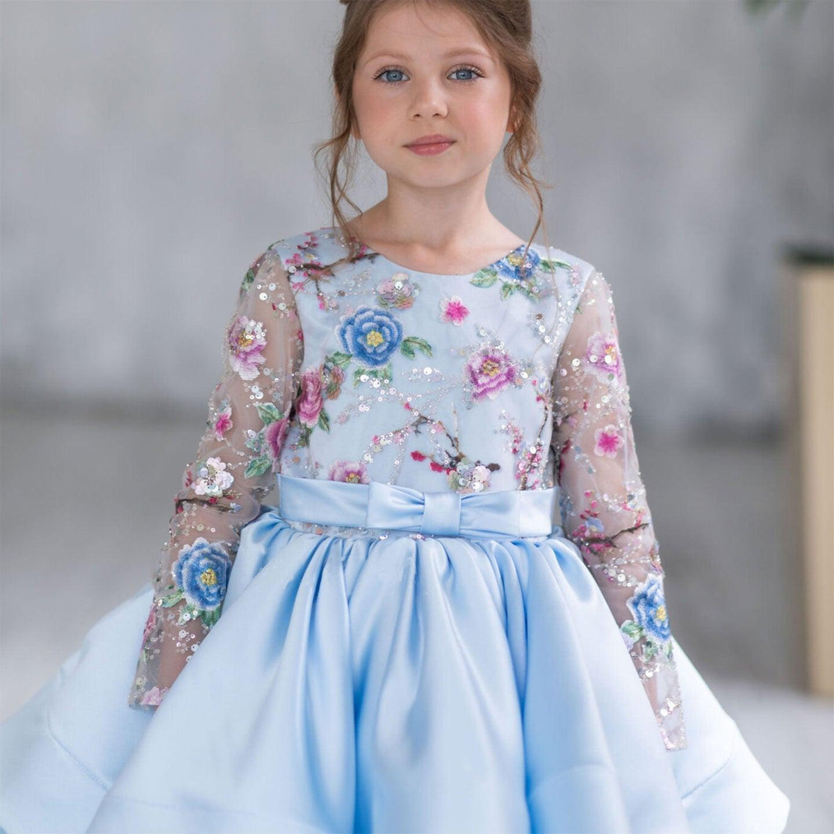 Jill Elegant Blue Girl Bridesmaides Dress Full Sleeve J179