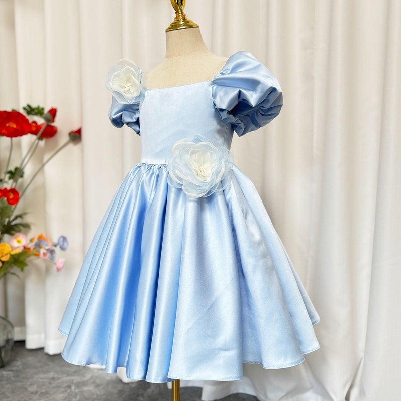 Jill Elegant Blue Satin Girl Dress Handmade Flowers J344