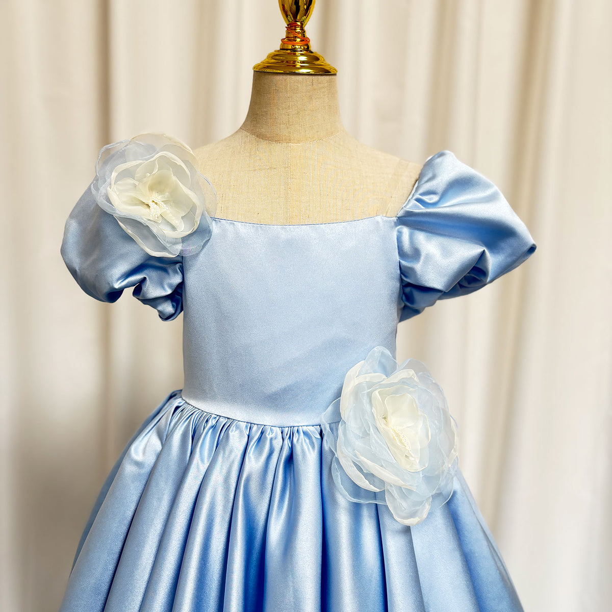 Jill Elegant Blue Satin Girl Dress Handmade Flowers J344