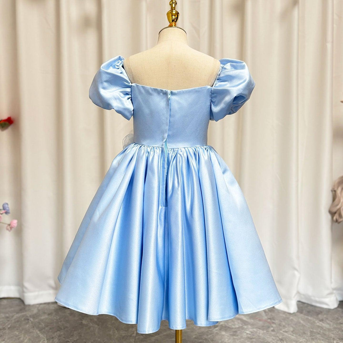 Jill Elegant Blue Satin Girl Dress Handmade Flowers J344