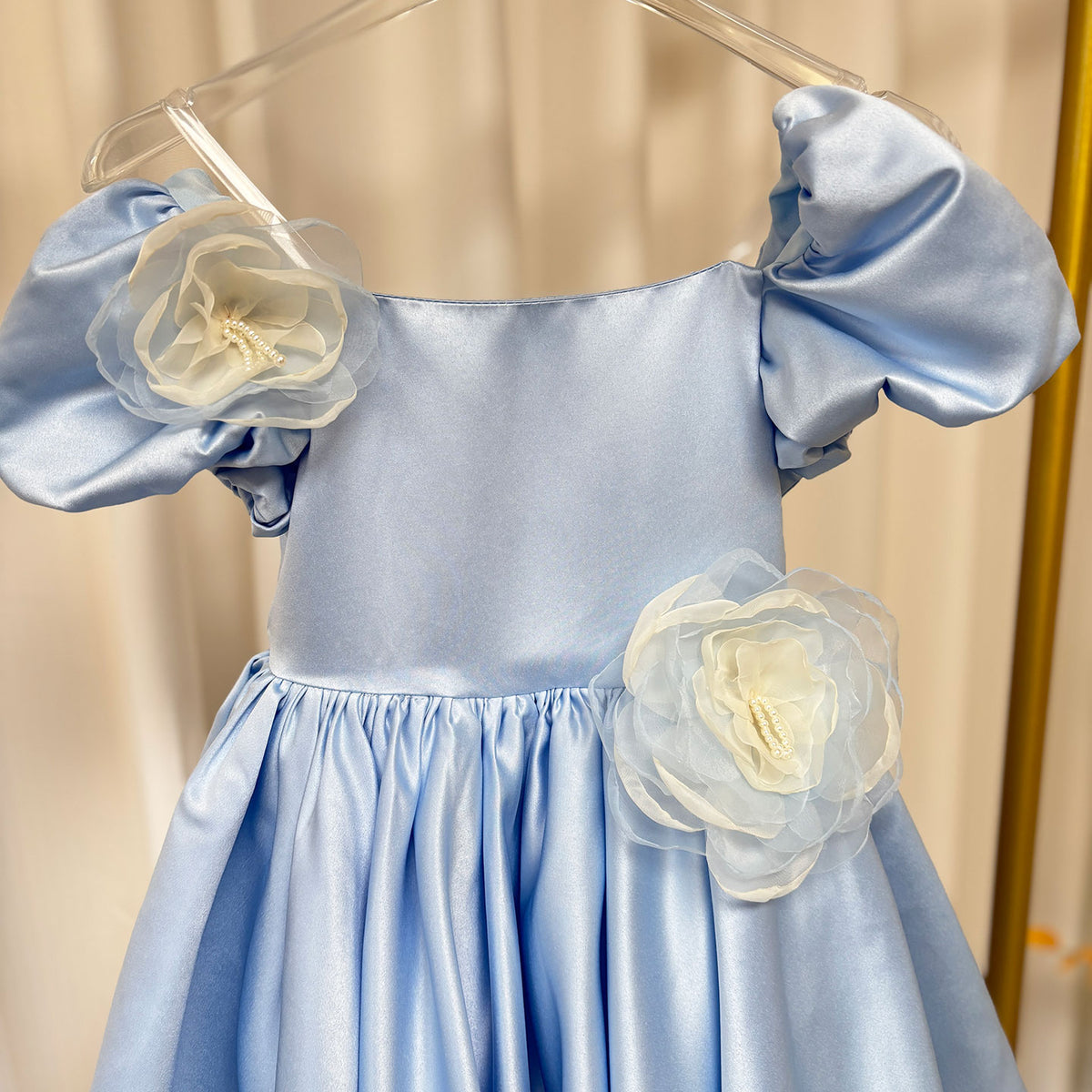 Jill Elegant Blue Satin Girl Dress Handmade Flowers J344