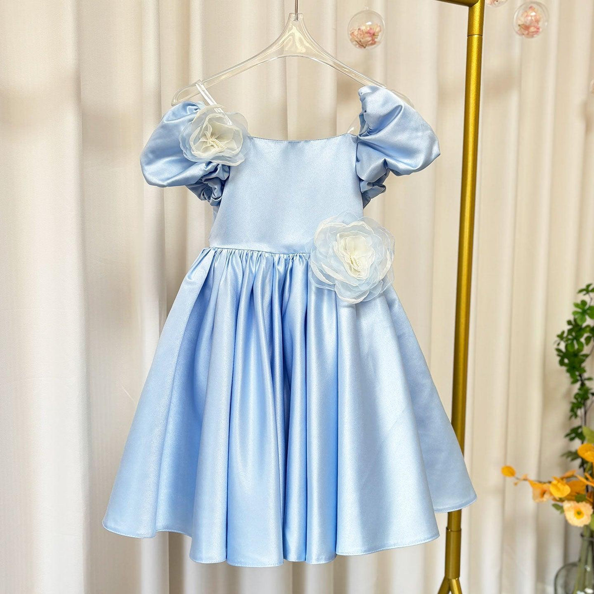 Jill Elegant Blue Satin Girl Dress Handmade Flowers J344