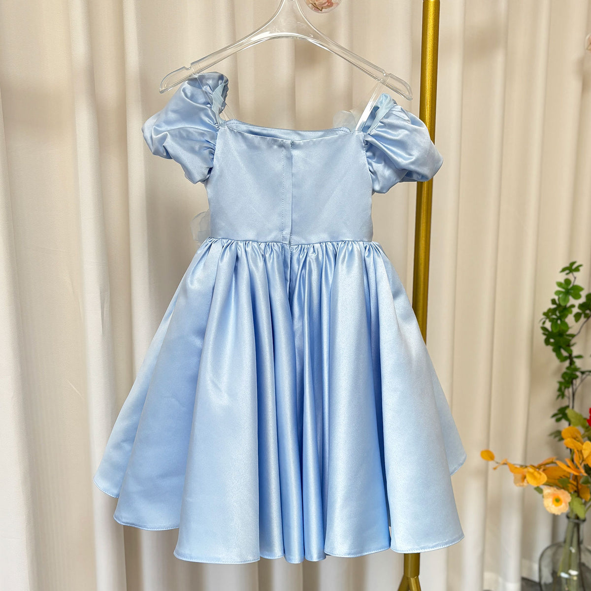 Jill Elegant Blue Satin Girl Dress Handmade Flowers J344