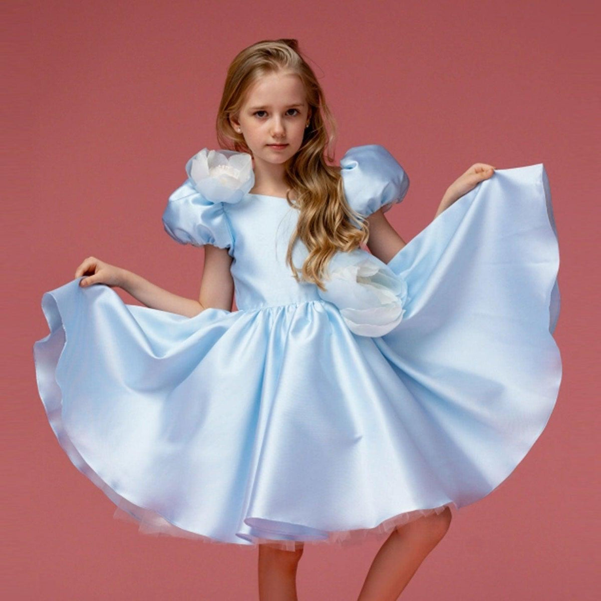 Jill Elegant Blue Satin Girl Dress Handmade Flowers J344