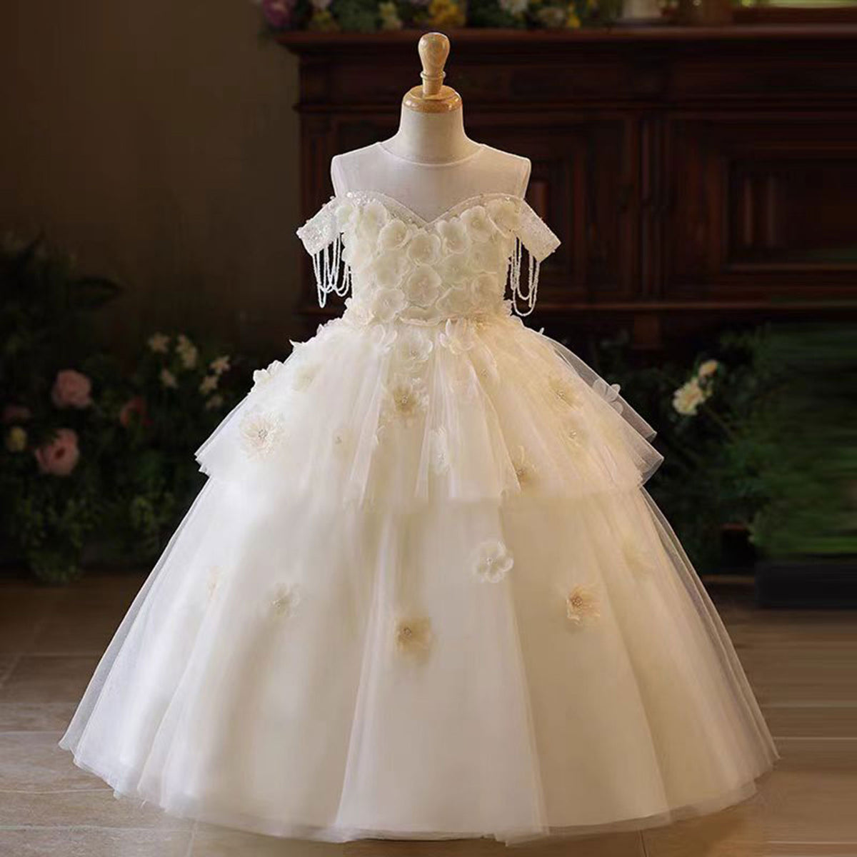Jill Elegant Flower Girl Dress Sleeveless Tulle Pearls for kids Birthday Pageant Party J227