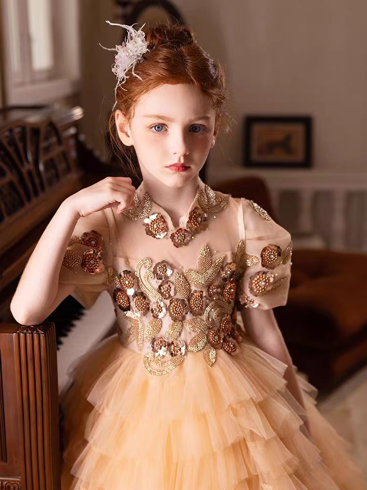 Jill Elegant Gold High-Neck Girl Dress Tiered Princess Birthday Gown J298