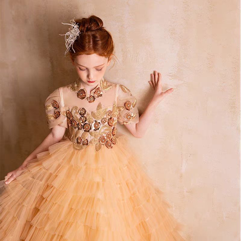 Jill Elegant Gold High-Neck Girl Dress Tiered Princess Birthday Gown J298