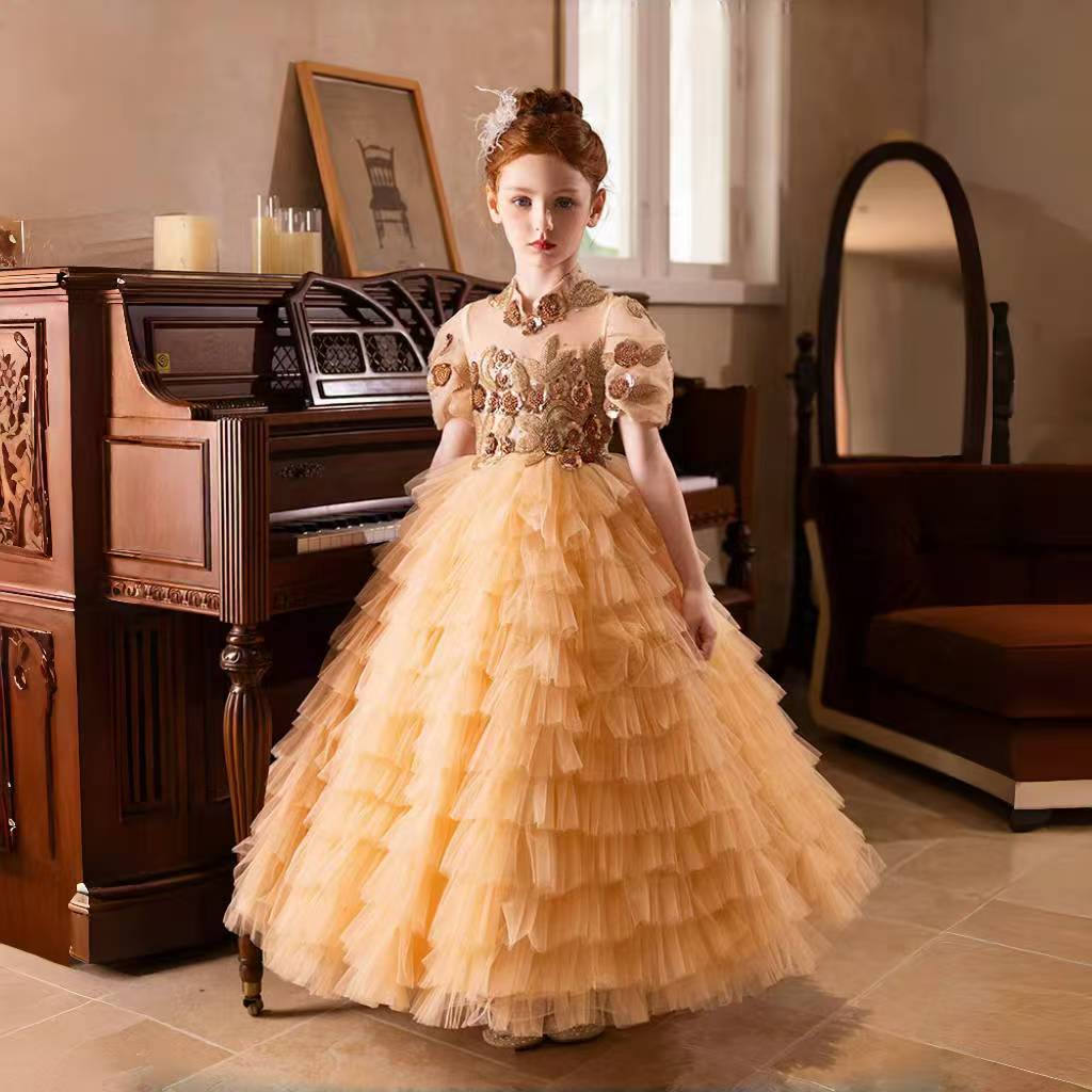 Jill Elegant Gold High-Neck Girl Dress Tiered Princess Birthday Gown J298