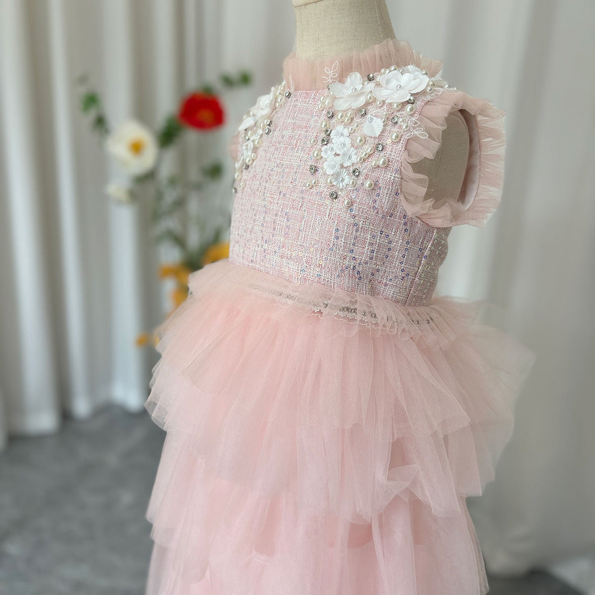 Jill Elegant Pearls Pink Arabic A-Line Birthday Girl Dress J114