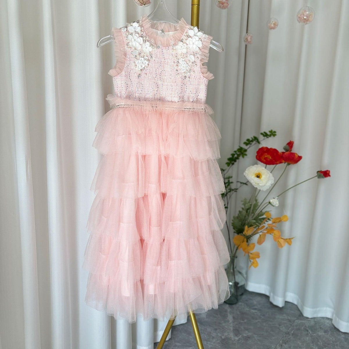 Jill Elegant Pearls Pink Arabic A-Line Birthday Girl Dress J114