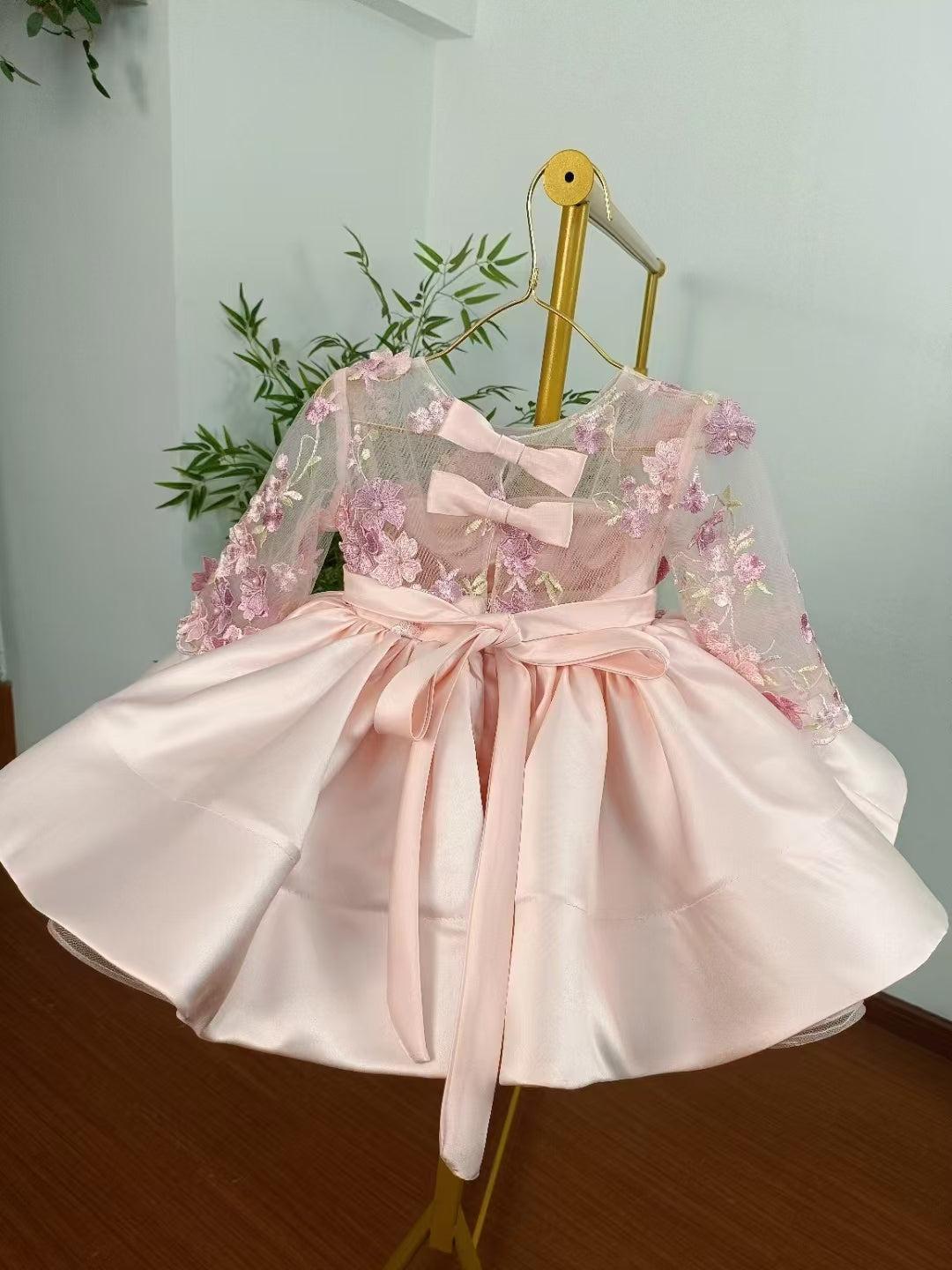 Jill Elegant Pink Girl Bridesmaides Dress Full Sleeve for Princess J177
