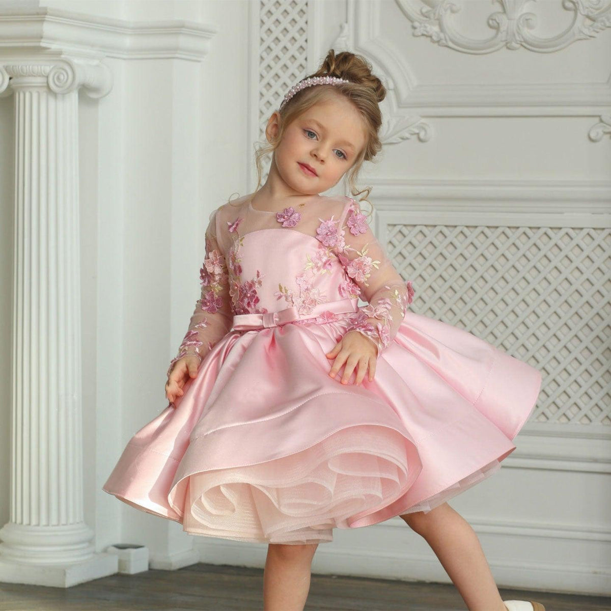 Jill Elegant Pink Girl Bridesmaides Dress Full Sleeve for Princess J177