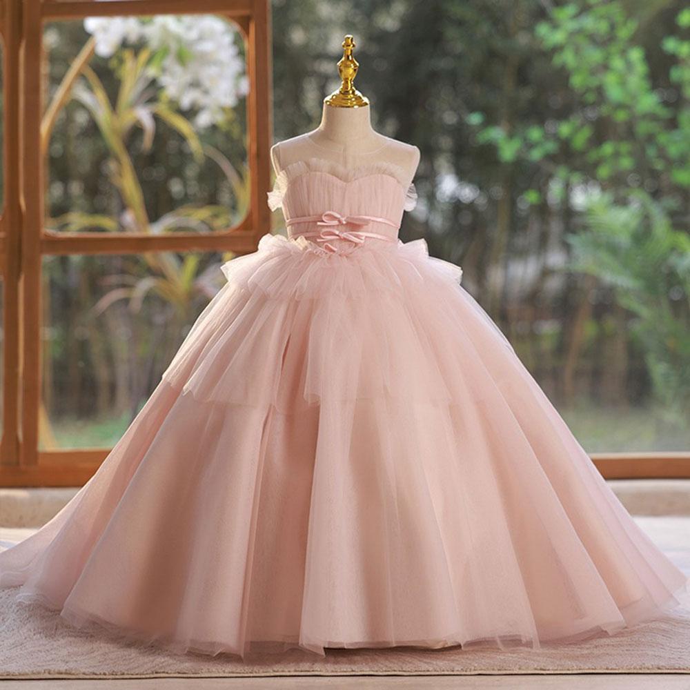 Jill Elegant Pink Girl Dress with Sashes Princess Kids Gown J210
