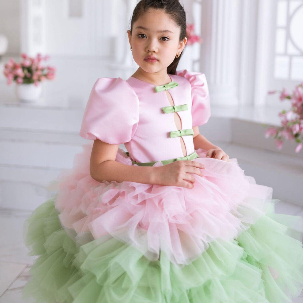 Jill Elegant Red Girl Dress Sage Green for Princess Kids J155