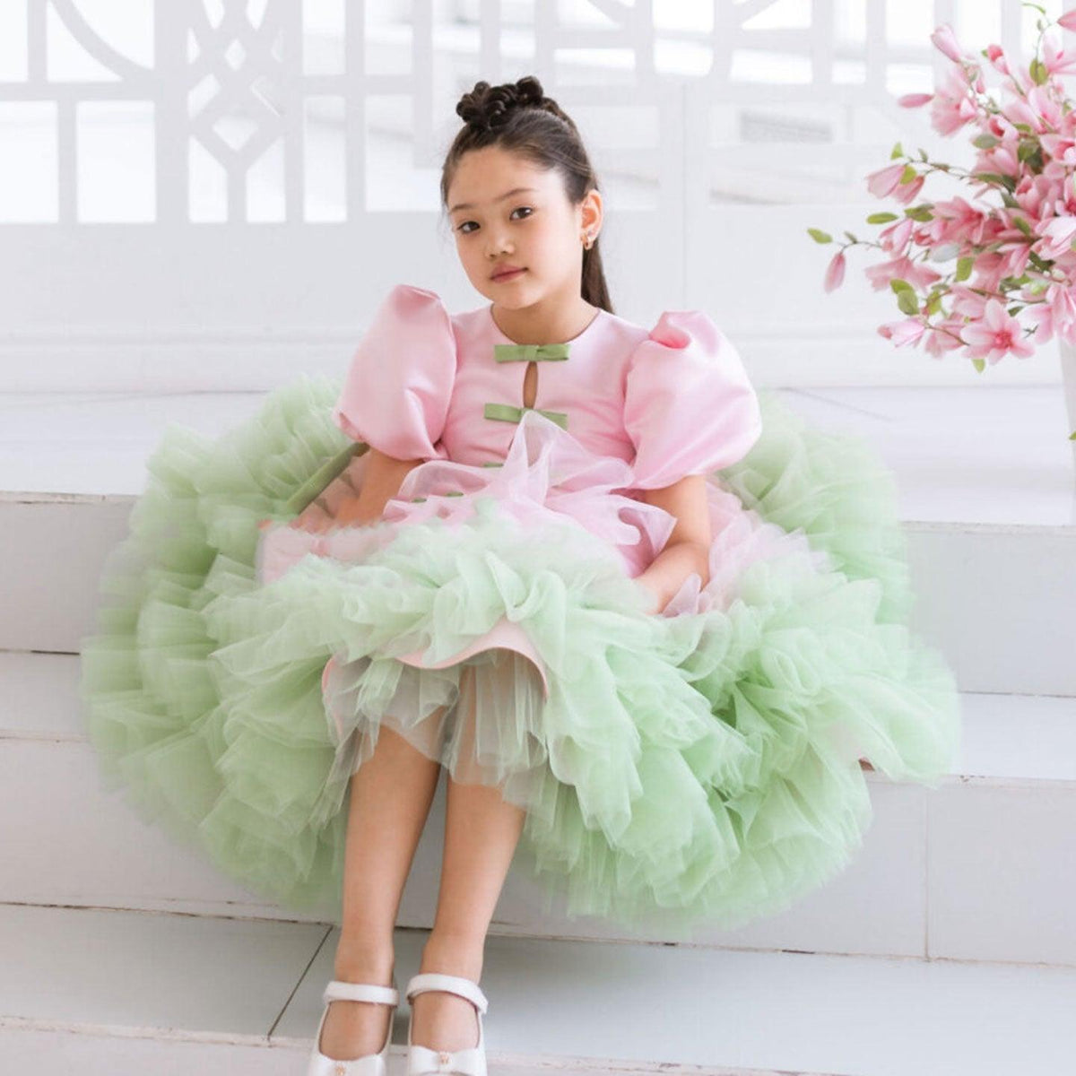 Jill Elegant Red Girl Dress Sage Green for Princess Kids J155