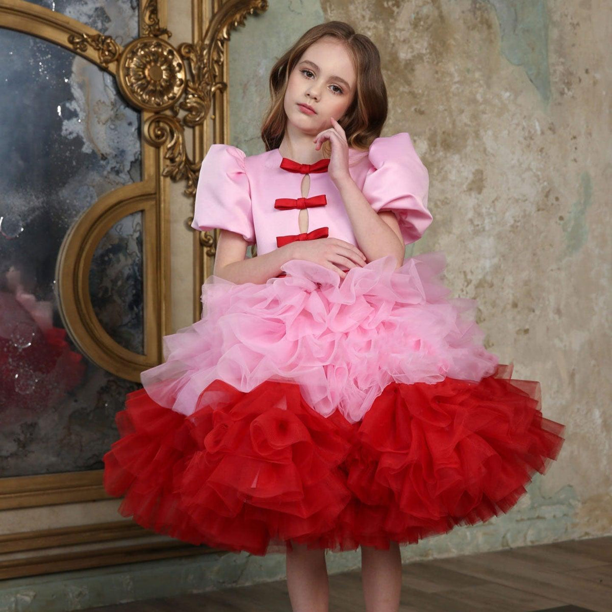 Jill Elegant Red Girl Dress Sage Green for Princess Kids J155