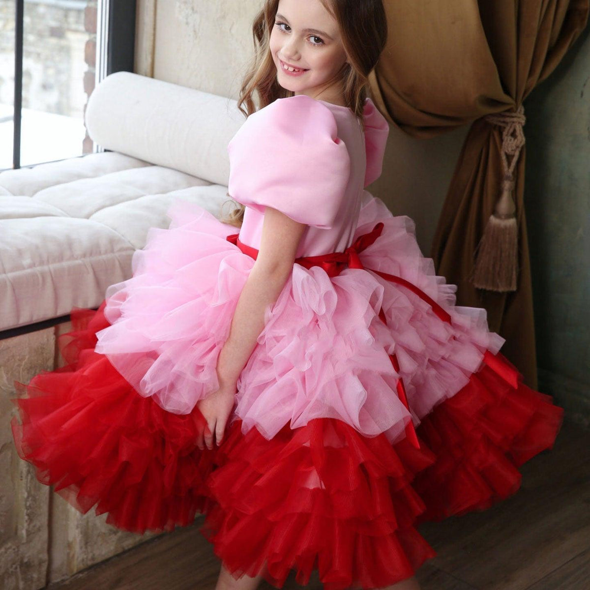 Jill Elegant Red Girl Dress Sage Green for Princess Kids J155