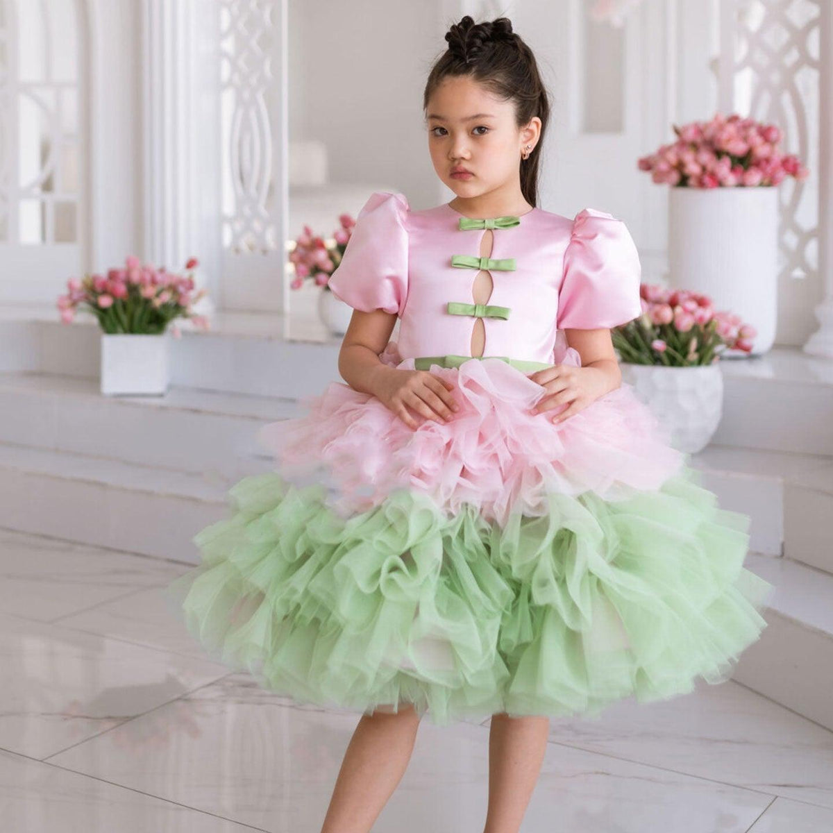 Jill Elegant Red Girl Dress Sage Green for Princess Kids J155
