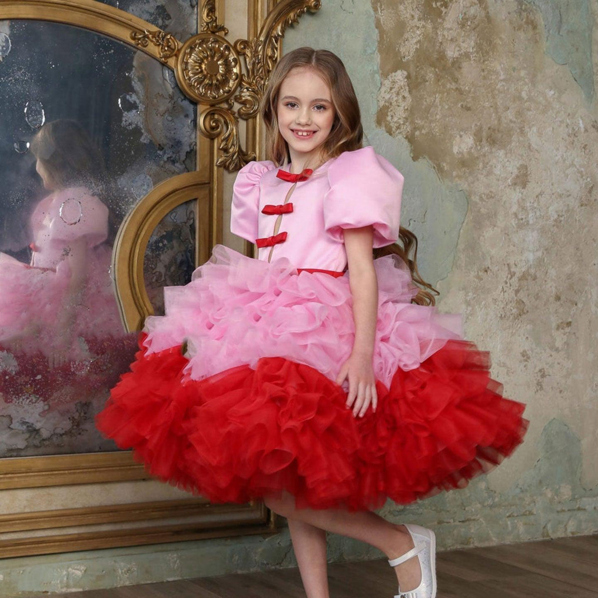 Jill Elegant Red Girl Dress Sage Green for Princess Kids J155