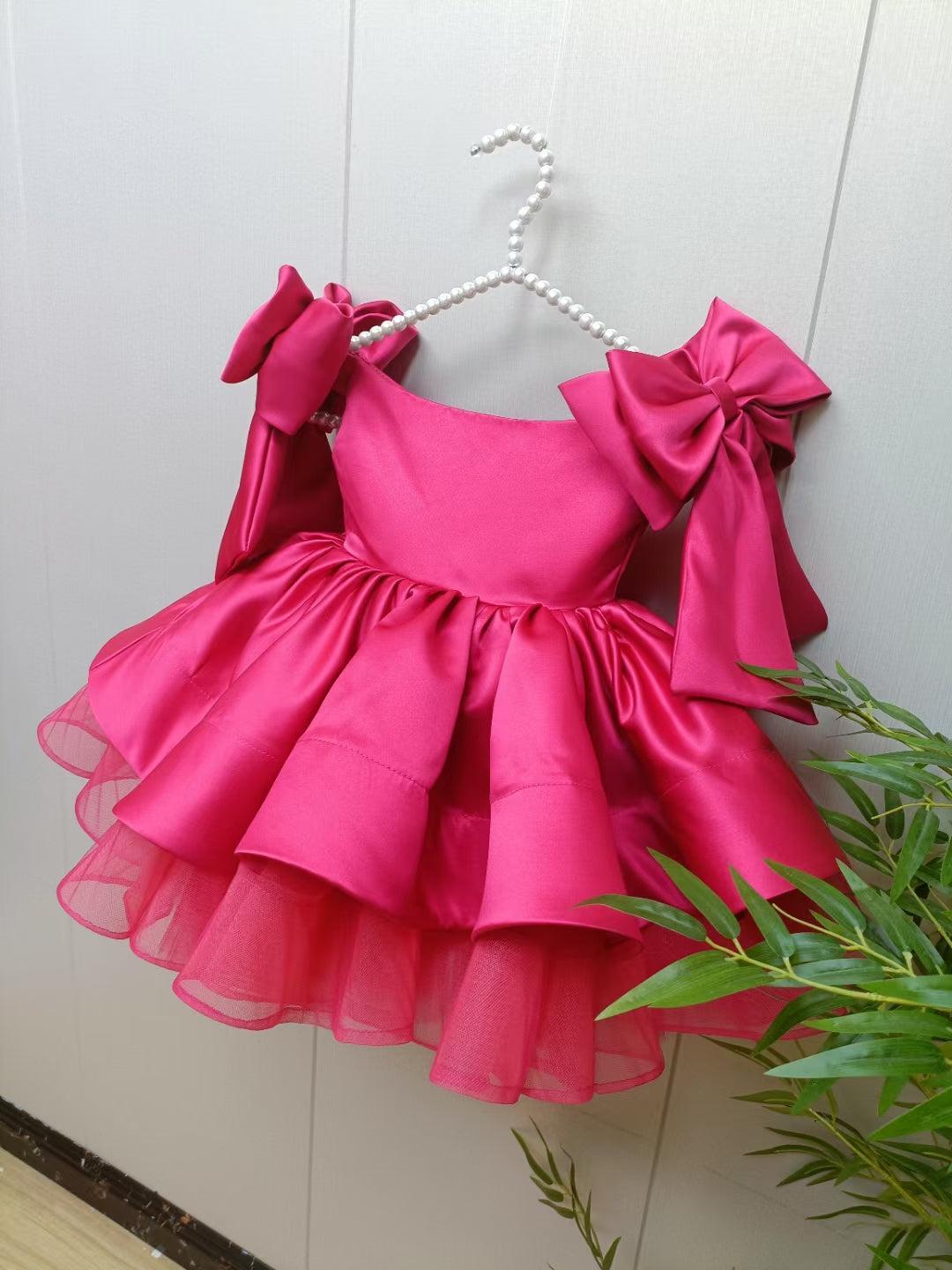 Jill Elegant Satin Fuchsia Girl Dress Off-Shoulder White Princess J159