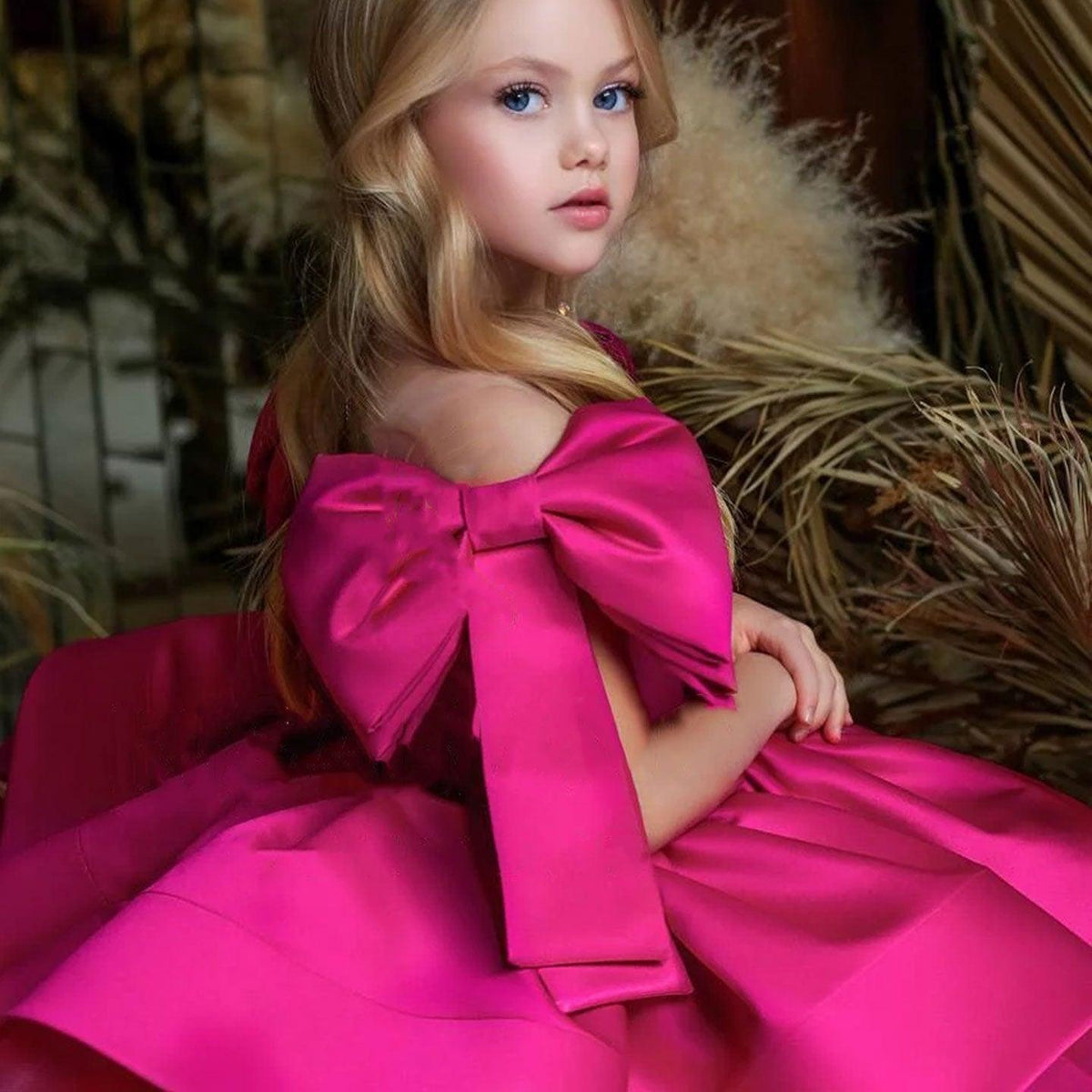 Jill Elegant Satin Fuchsia Girl Dress Off-Shoulder White Princess J159