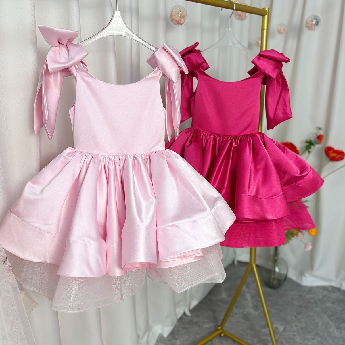 Jill Elegant Satin Fuchsia Girl Dress Off-Shoulder White Princess J159